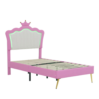 Twin Size Upholstered Bed Frame with LED Lights, Modern Upholstered Princess Bed with Crown Headboard, Pink+White