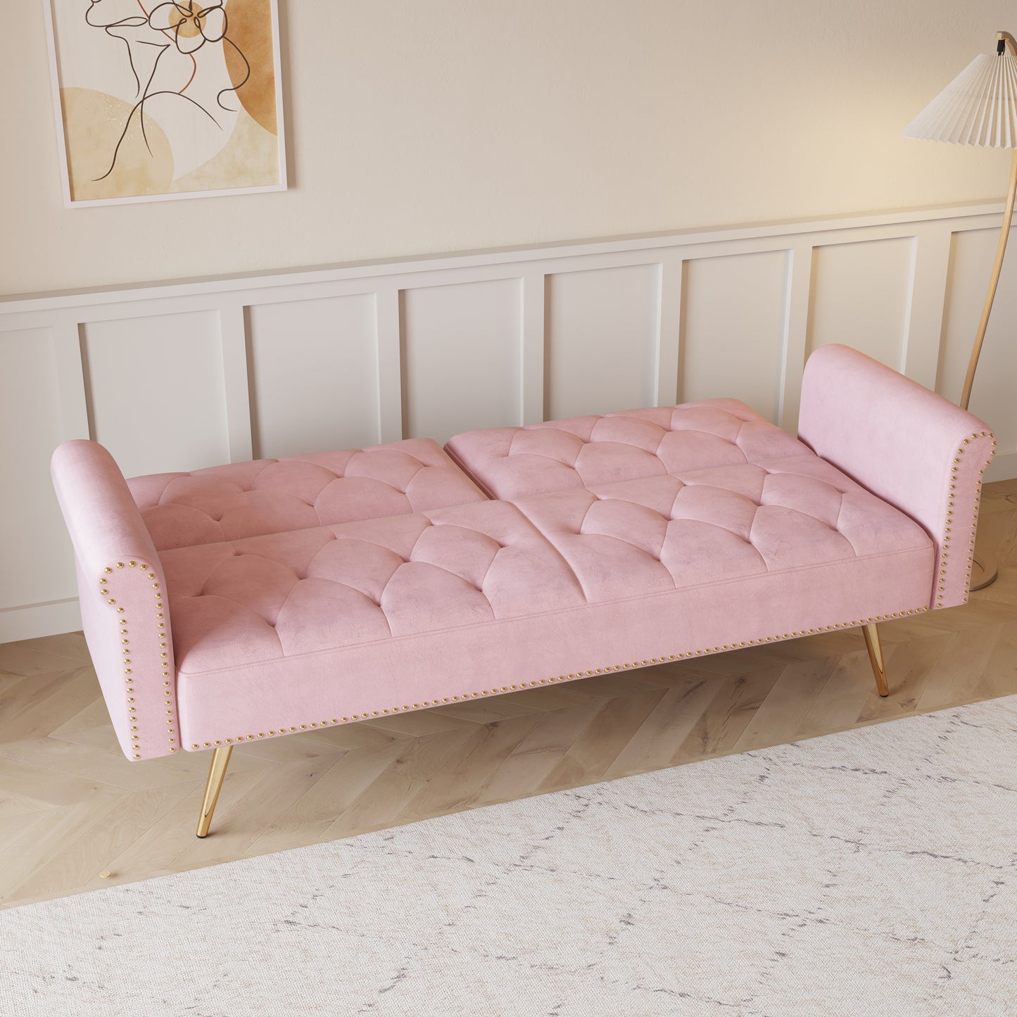 69.7 inch pink velvet nail head sofa bed with throw pillow