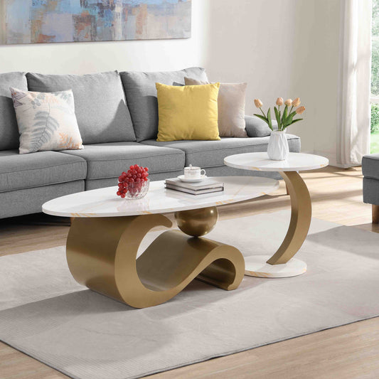 Modern Nesting Coffee Table Set of 2 End Table for Living Room, Oval and Round Table Set, Golden