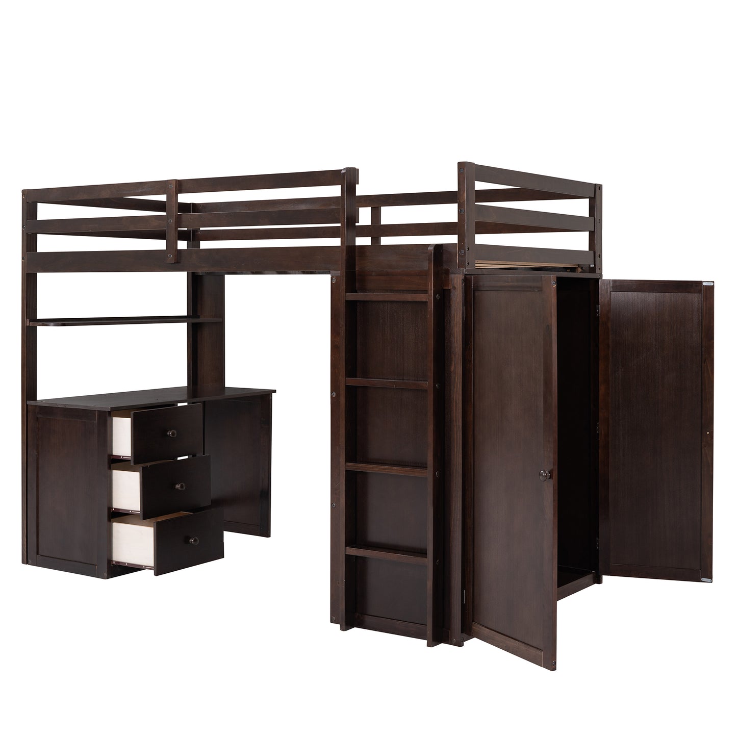 Twin size Loft Bed with Drawers,Desk,and Wardrobe-Espresso