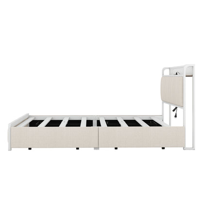 Queen Bed Frame with LED Headboard, Upholstered Bed with 4 Storage Drawers and USB Ports, Beige