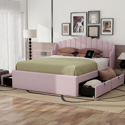 Queen Size Upholstered Platform Bed with 4 Drawers and 2 USB, Pink(Expected Arrival Time: 4.28)