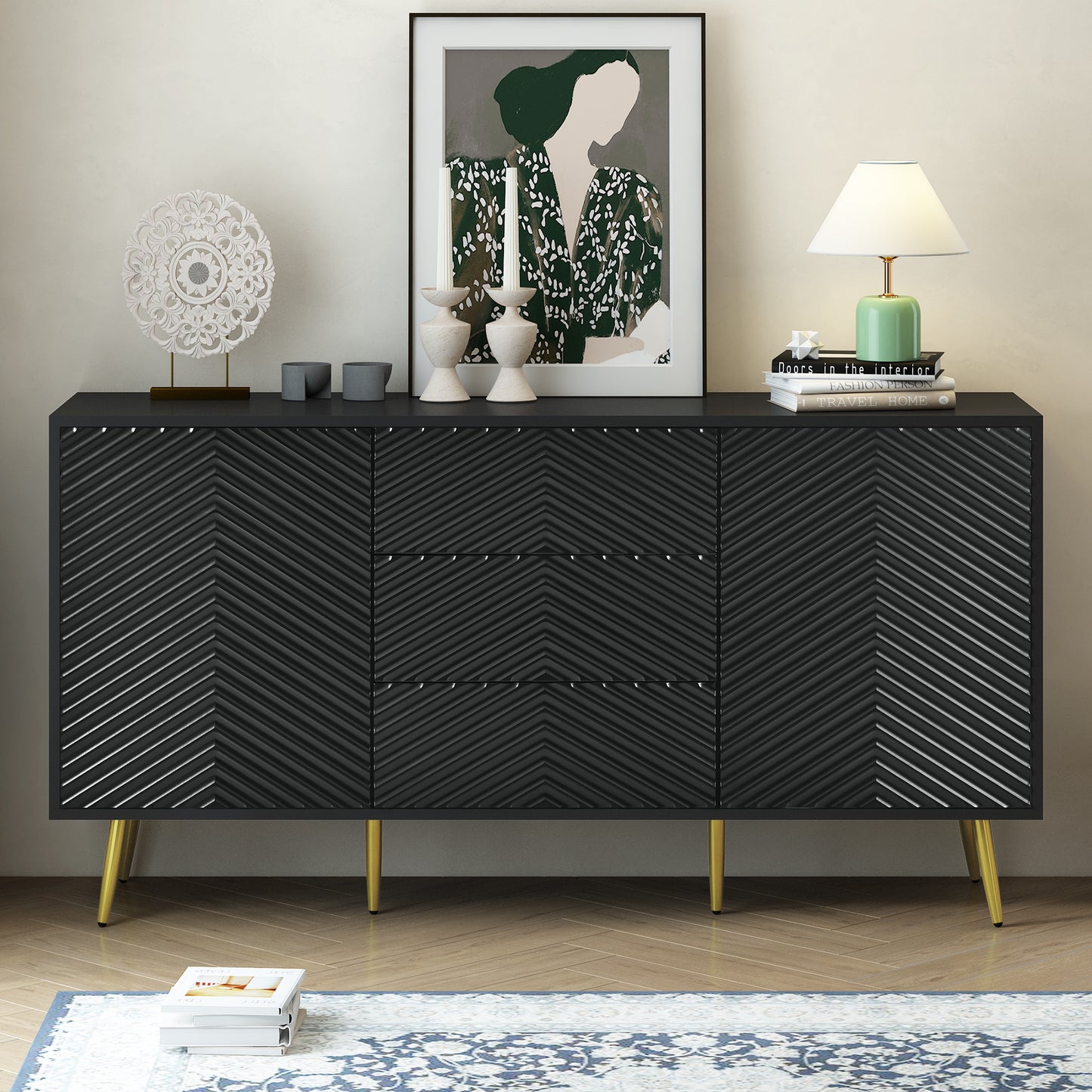 U_STYLE  Modern Sideboard with Geometric Line Design, Conical Metal Legs, and Central Drawers for Stylish Storage, Suitable for Study, Entryway and Living Room