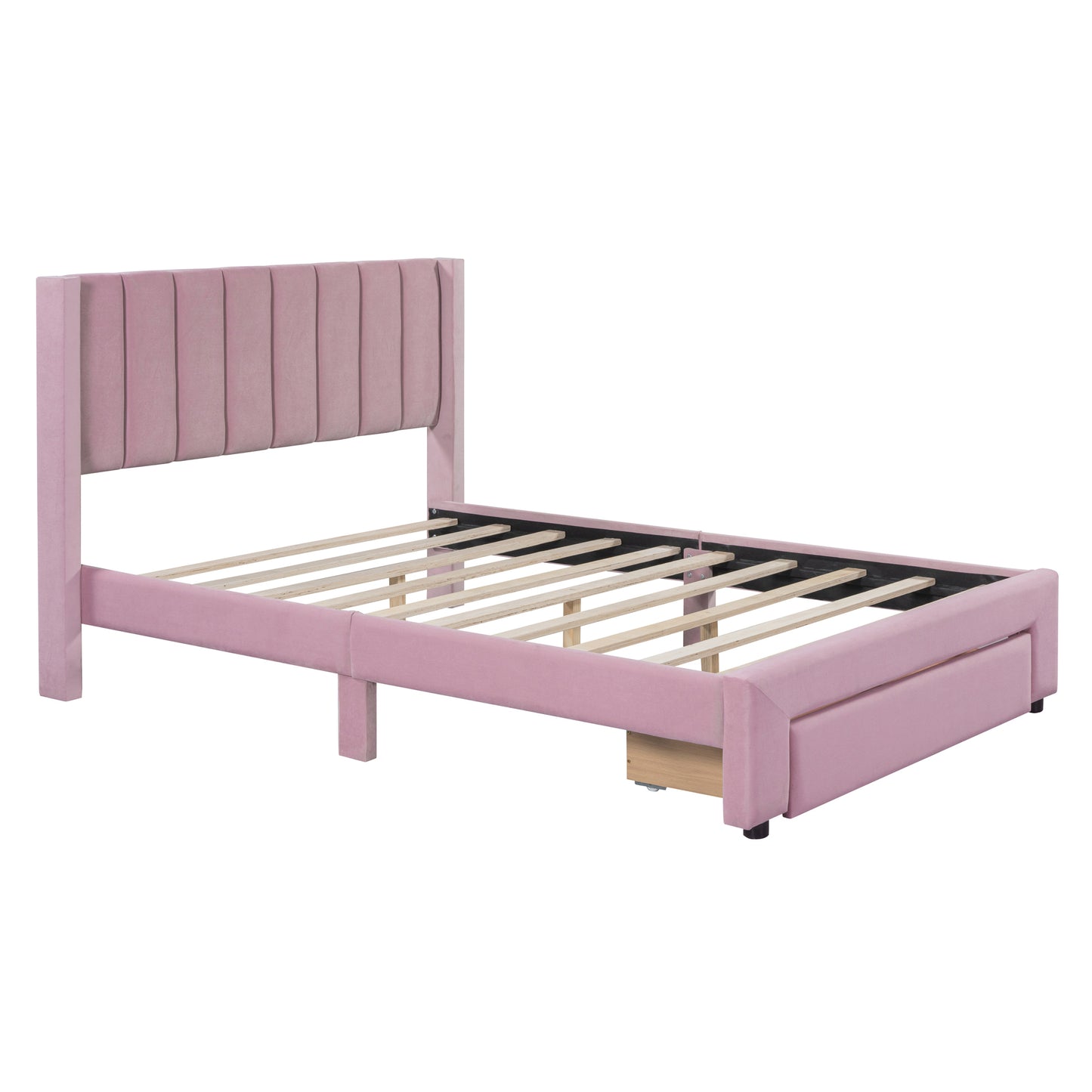 Full Size Storage Bed Velvet Upholstered Platform Bed with a Big Drawer - Pink(old sku:WF296850AAH)