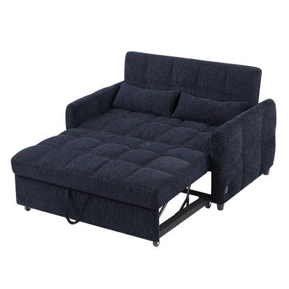 52.8" Loveseat Sofa Pull-out Sofa Bed Tufted Sleeper Sofa with an Adjustable Backrest, Three USB Ports and Two Lumbar Pillows for Living Room, Blue