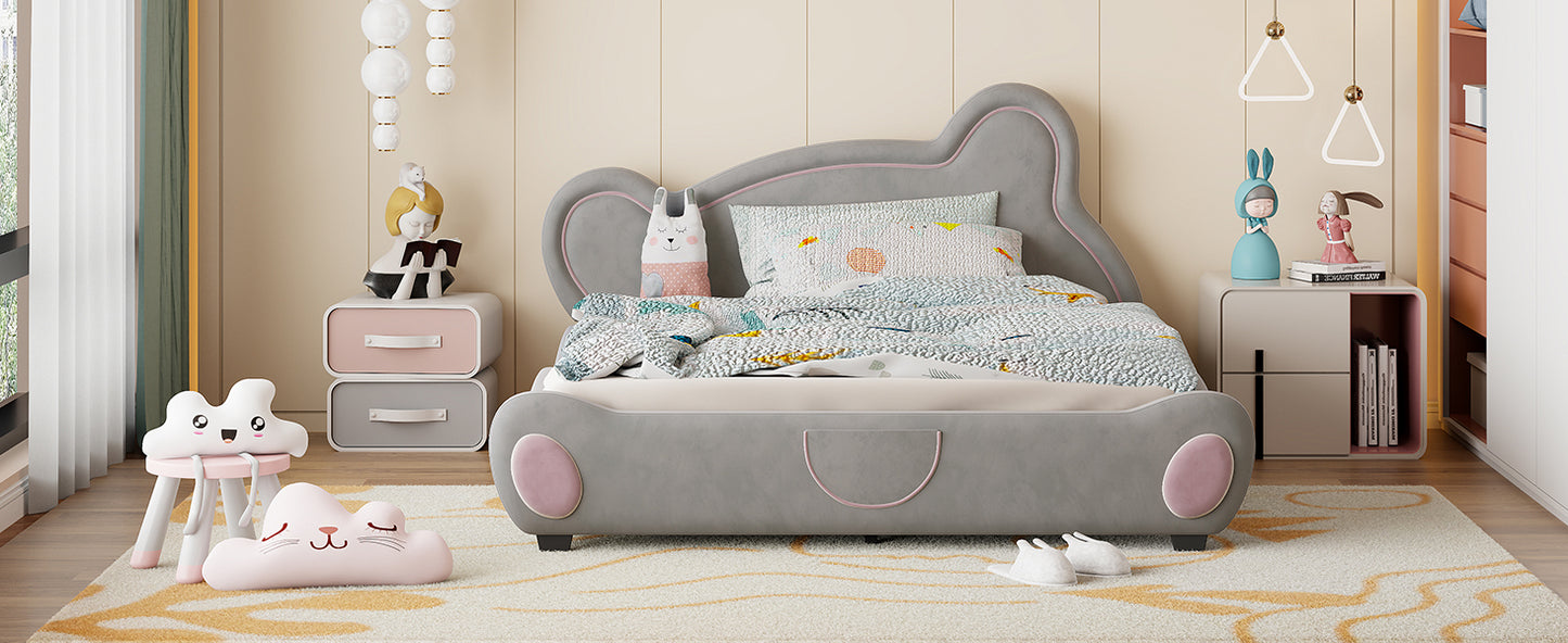 Queen Size Velvet Platform Bed with Bear-Shaped Headboard, with Drawers, with Bed-End Storage Pocket, Gray