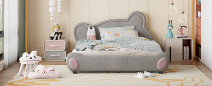 Queen Size Velvet Platform Bed with Bear-Shaped Headboard, with Drawers, with Bed-End Storage Pocket, Gray