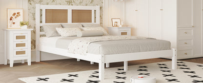 Full Size Wooden Platform Bed with Natural Rattan Headboard, Exquisite Elegance with Minimalist Charm for Bedroom, White