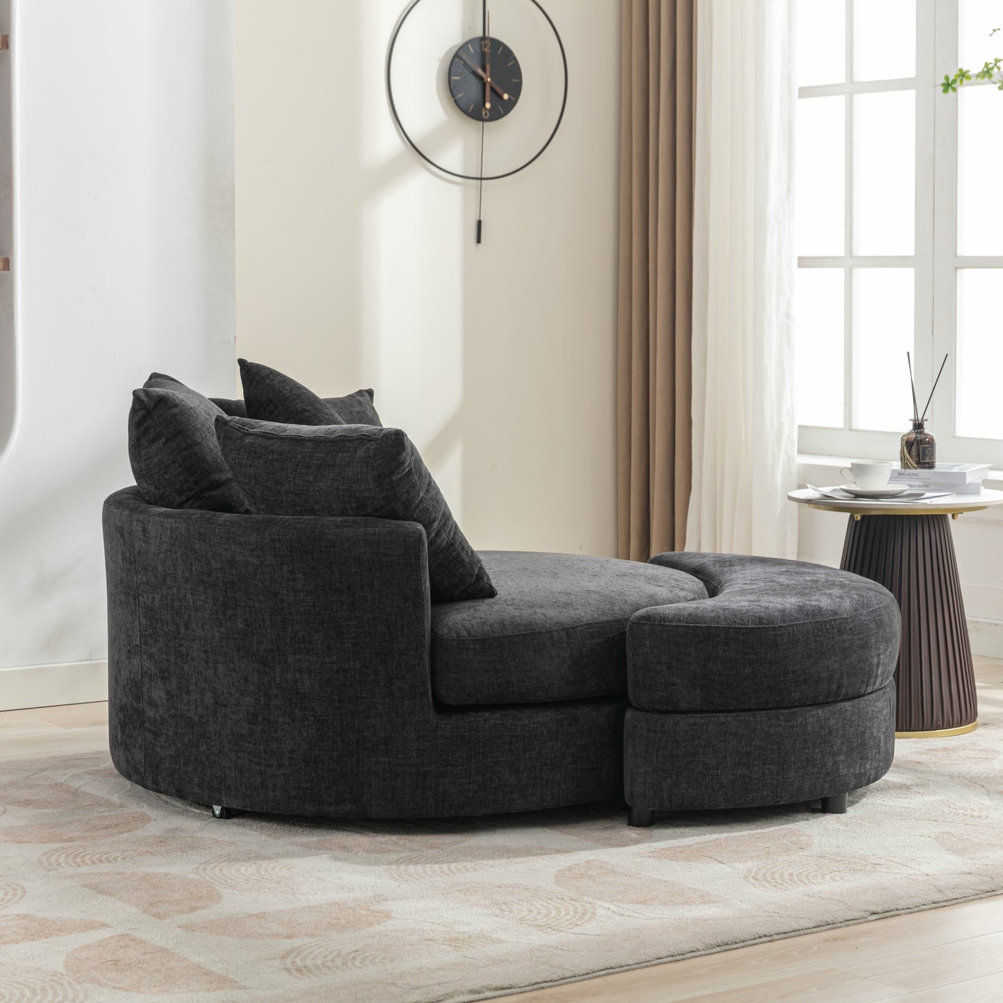 Orisfur. 360° Swivel Accent Barrel Chair with Storage Ottoman & 4 Pillows, Modern Chenille Leisure Chair Round Accent for Living Room, Gray