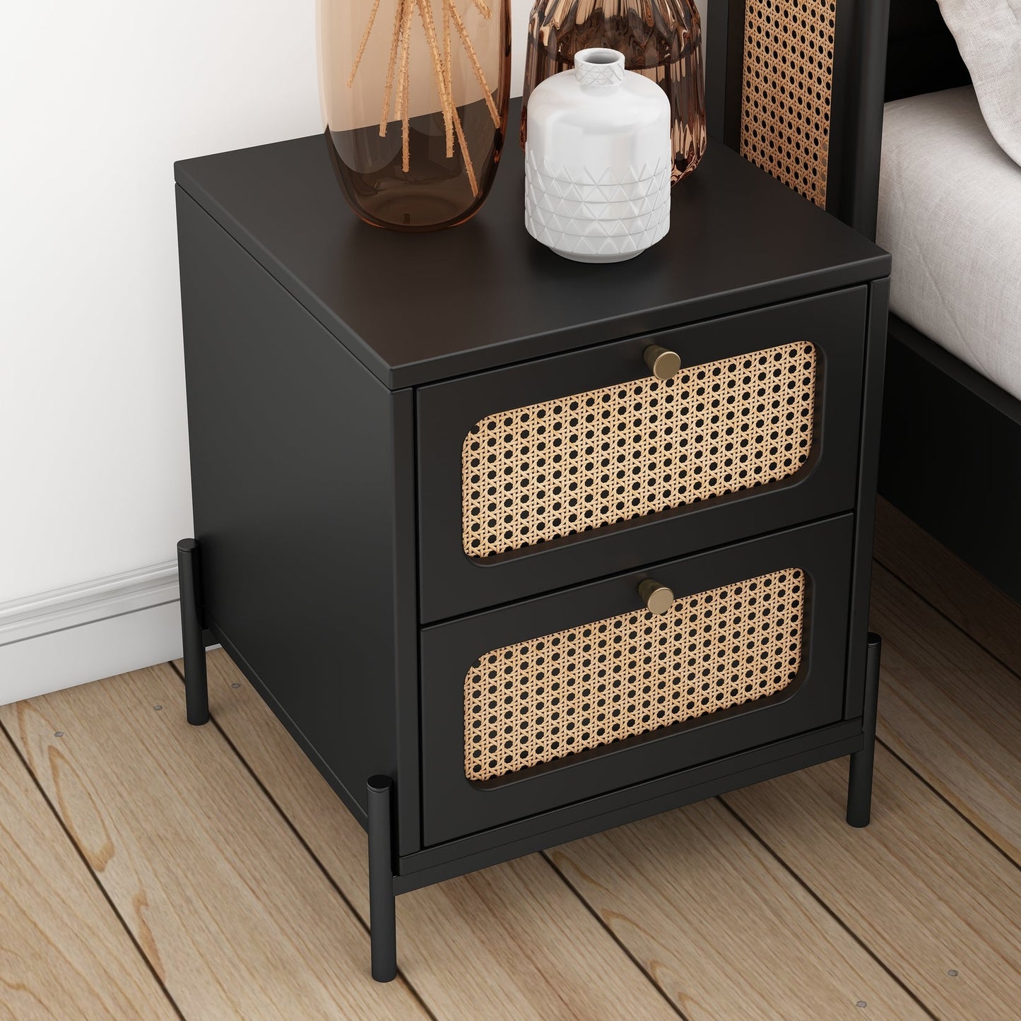 Yara Modern Cannage Rattan Wood Nightstand