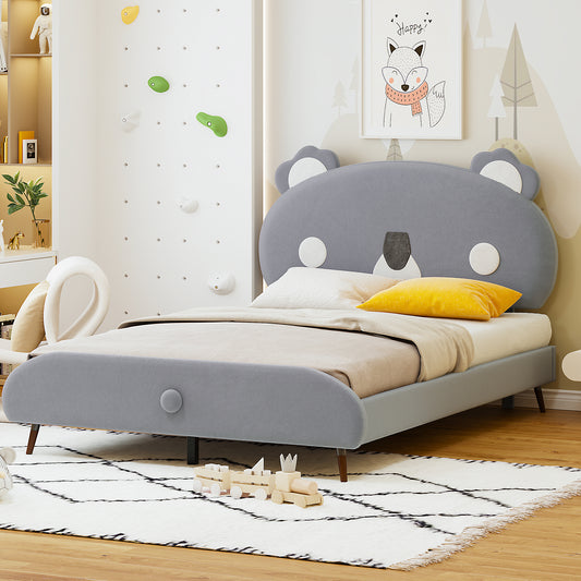 Full Size Upholstered Platform Bed with Koala-Shaped Headboard, Gray