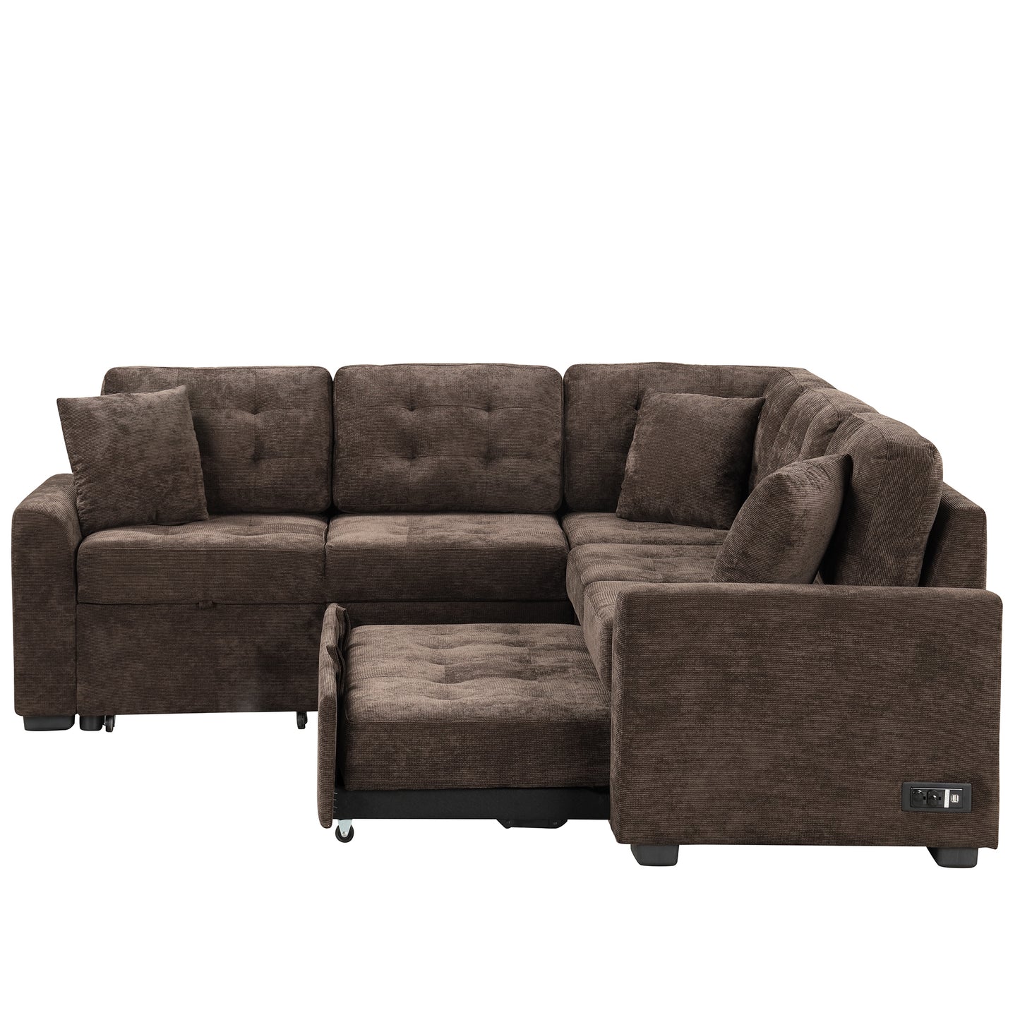 82.6" L-shape Sofa Bed Pull-out Sleeper Sofa with Wheels, USB Ports, Power Sockets for Living Room, Brown