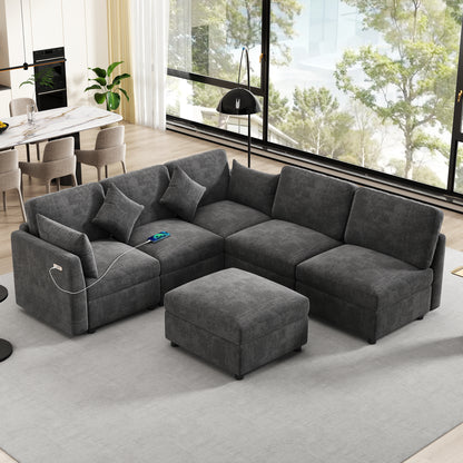 85.4" Sectional Sofa Modular Sofa U-shaped Sofa Couch Sofa Bed L-shaped Sofa with a Movable Ottoman and Two USB Ports for Living Room, Black