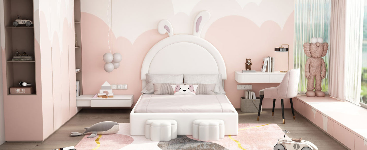 Full size Upholstered Rabbit-Shape Bed with 2 Storage Stools, Velvet Platform Bed with Cartoon Ears Shaped Headboard, White