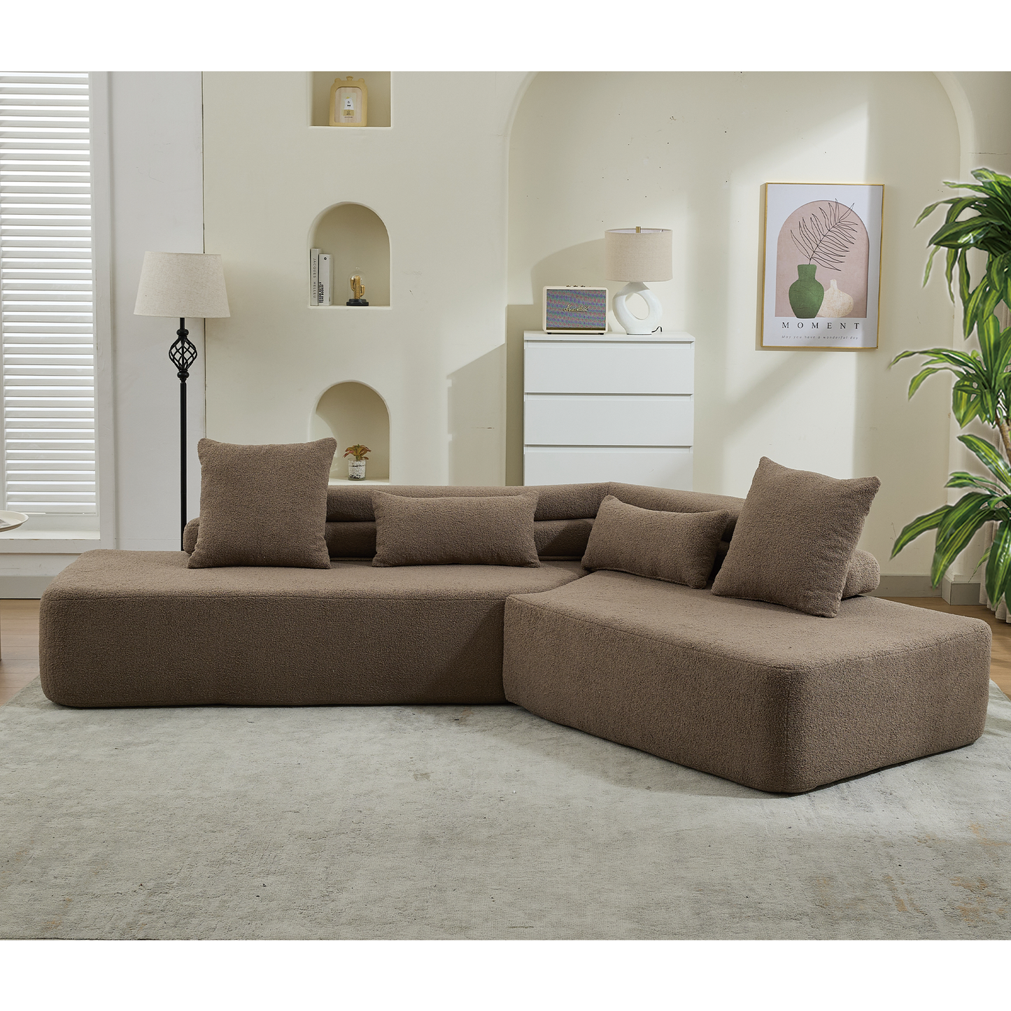 [NEW ARRIVED] [VIDEO PROVIDED] 128"Minimalist Cloud Sectional Couch ,Modern Couches ,4-Seater ,No Assembly,Two modular sofa,Boucle Teddy Fabric, upholstered , anti-wrinkle fabric,Brown