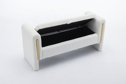 032-Teddy Fabric Storage Bench Bedroom Bench With Gold Metal Trim Strip For Living Room Bedroom Indoor,Ivory