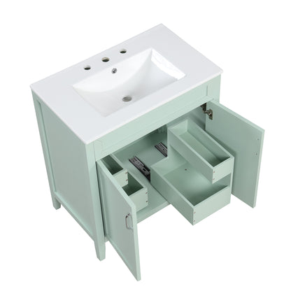 30" Bathroom Vanity with Sink, Multi-functional Bathroom Cabinet with Doors and Drawers, Solid Frame and MDF Board, Green