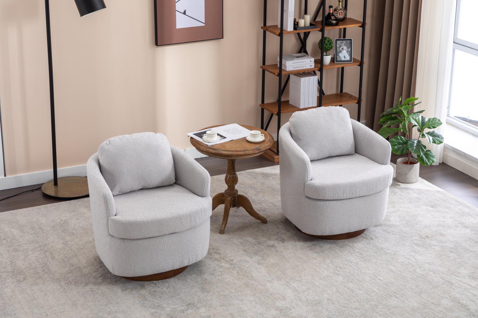 035-Boucle Fabric Swivel Accent Chair With Soild Wood Round Brown Base Leg,Light Gray