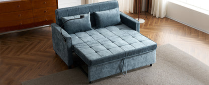 56.9" Loveseat Sofa Pull-out Sofa Bed Sleeper Sofa with a Reversible Backrest Cushion, Side Pockets, Two USB Ports and a Phone Holder for Living Room, Blue