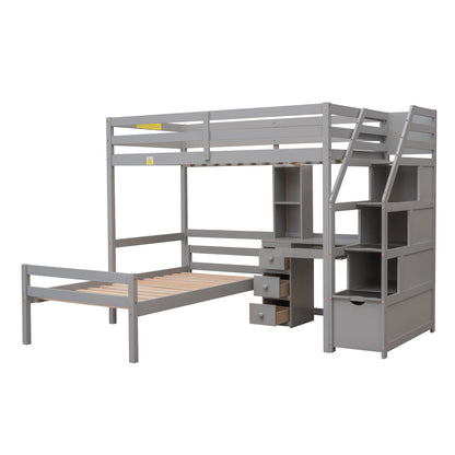 Twin Size Loft Bed with a Stand-alone Bed, Storage Staircase, Desk, Shelves and Drawers, Gray