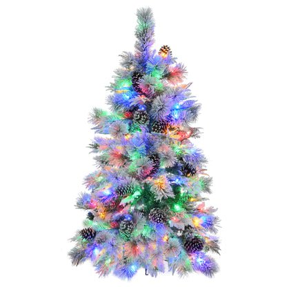 4FT Pre-Lit Spruce Snow Flocked Christmas Tree with Pine Cones, Artificial Xmas Tree with 170 Branch Tips,Mixed PE & PVC Branches, 120 Multi-Color LED Lights, 11 Flashing Modes, Holiday  Décor