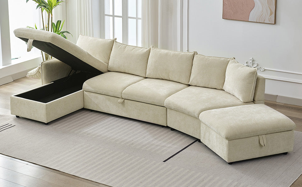 146.9" L-shaped Sofa Sectional Sofa Couch Pull-out Sofa Bed with a Movable Storage Ottoman, a Storage Chaise Lounge and Two USB Ports for Living Room, Beige