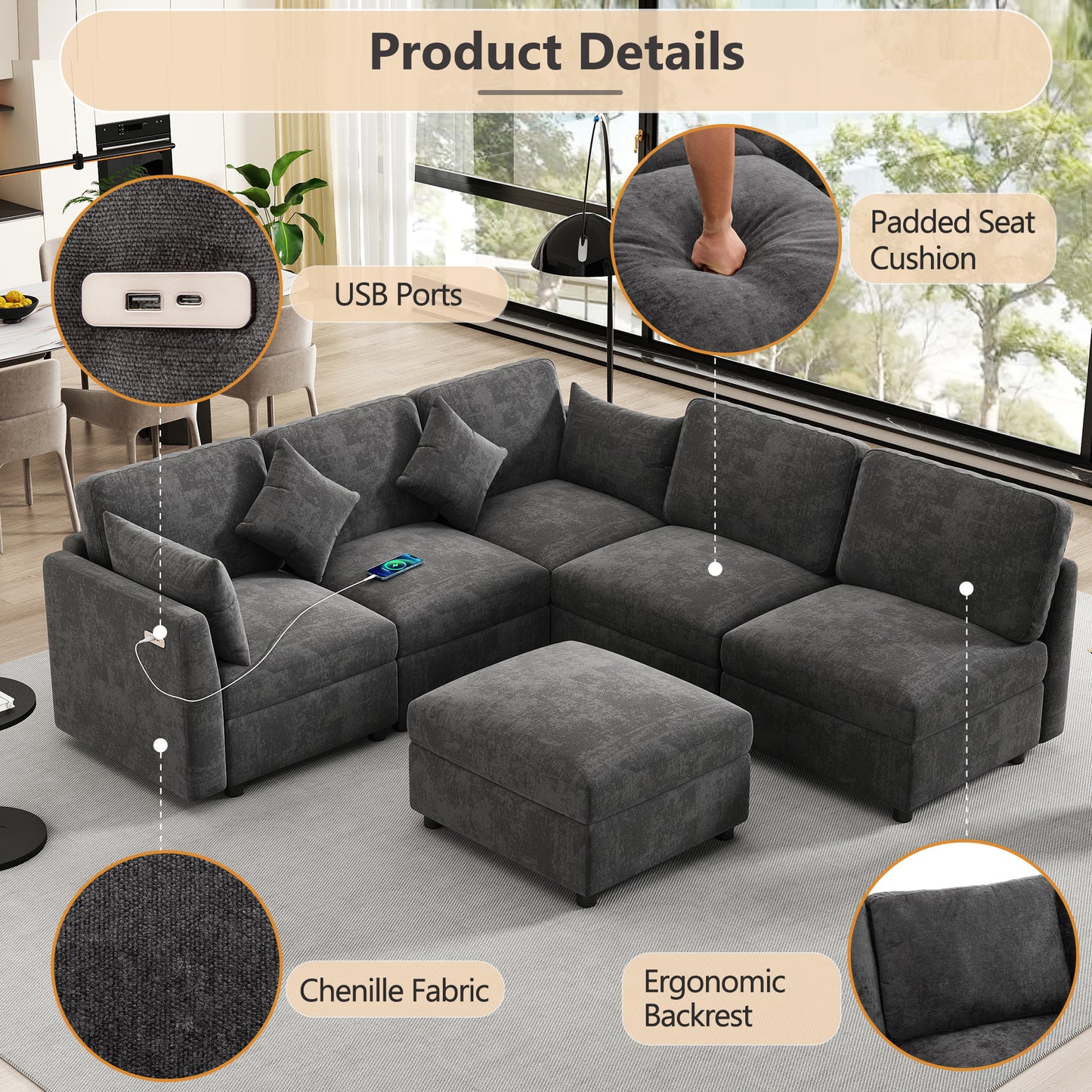 85.4" Sectional Sofa Modular Sofa U-shaped Sofa Couch Sofa Bed L-shaped Sofa with a Movable Ottoman and Two USB Ports for Living Room, Black