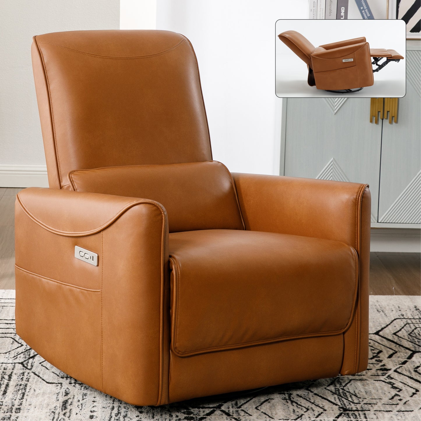 Yellow Brown Leatheraire Swivel and Rocker Power Recliner Chair, Heavy Duty Motion Mechanism with USB and Type-C Ports