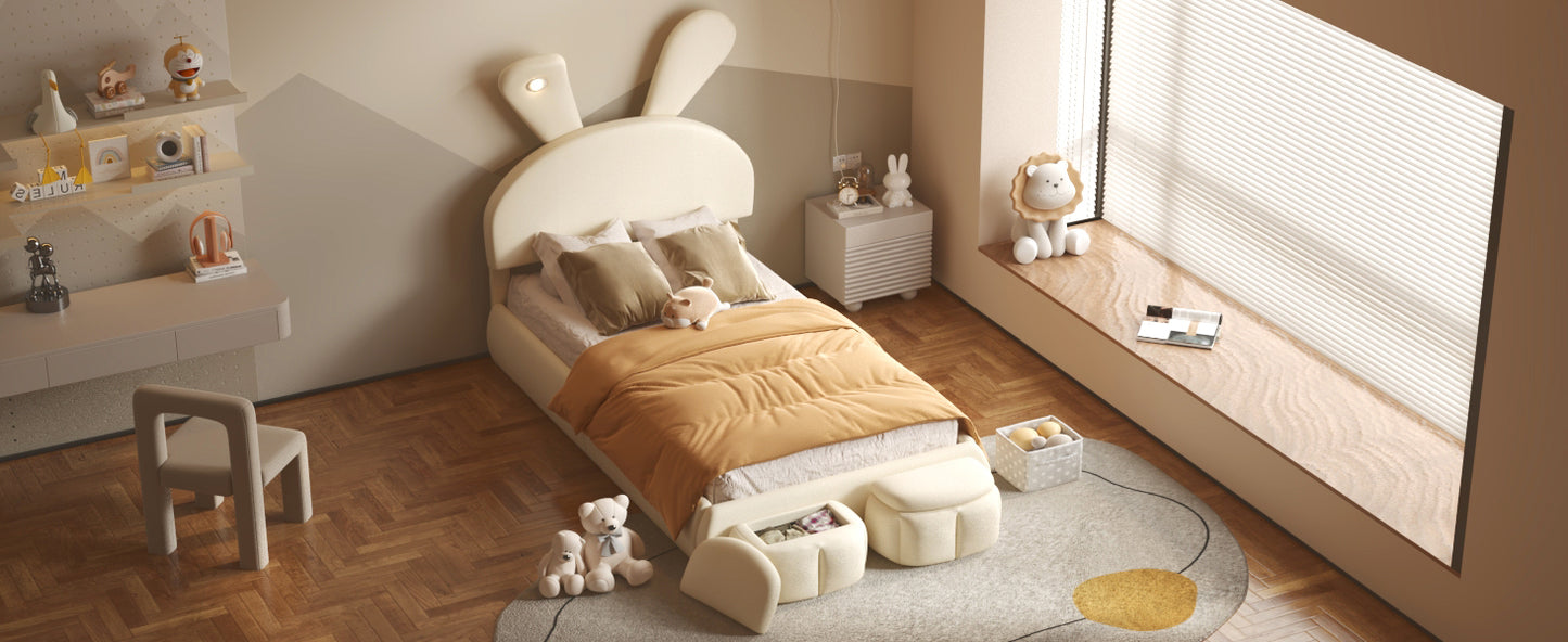 Twin Size Upholstered Platform Bed with Cartoon Ears Shaped Headboard and Light, Beige