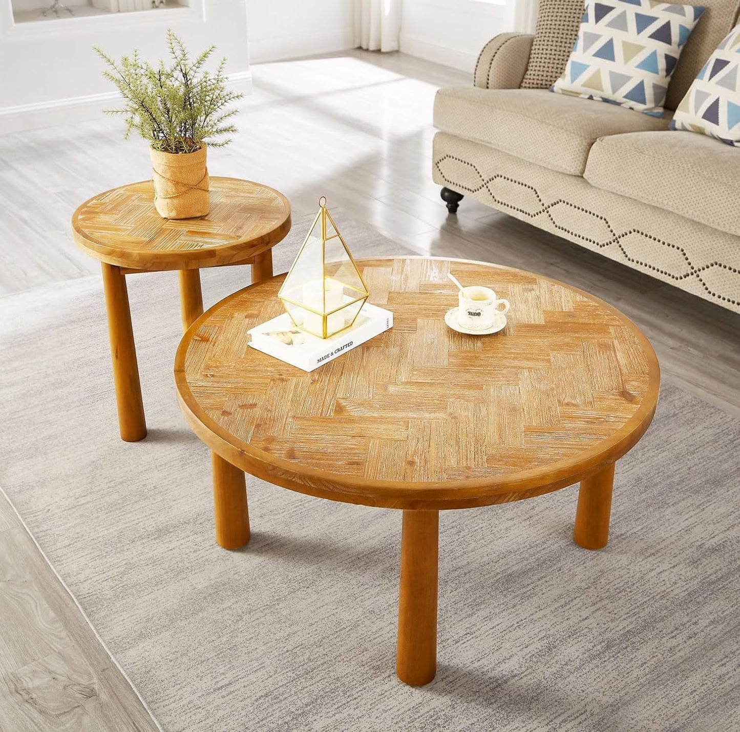 Living Room Central End Table, Farmhouse Round End Table, Round Wooden Rustic Natural Table with Thick Cylindrical Legs (Classic, 19.69 X 19.69 X 21.46 in)