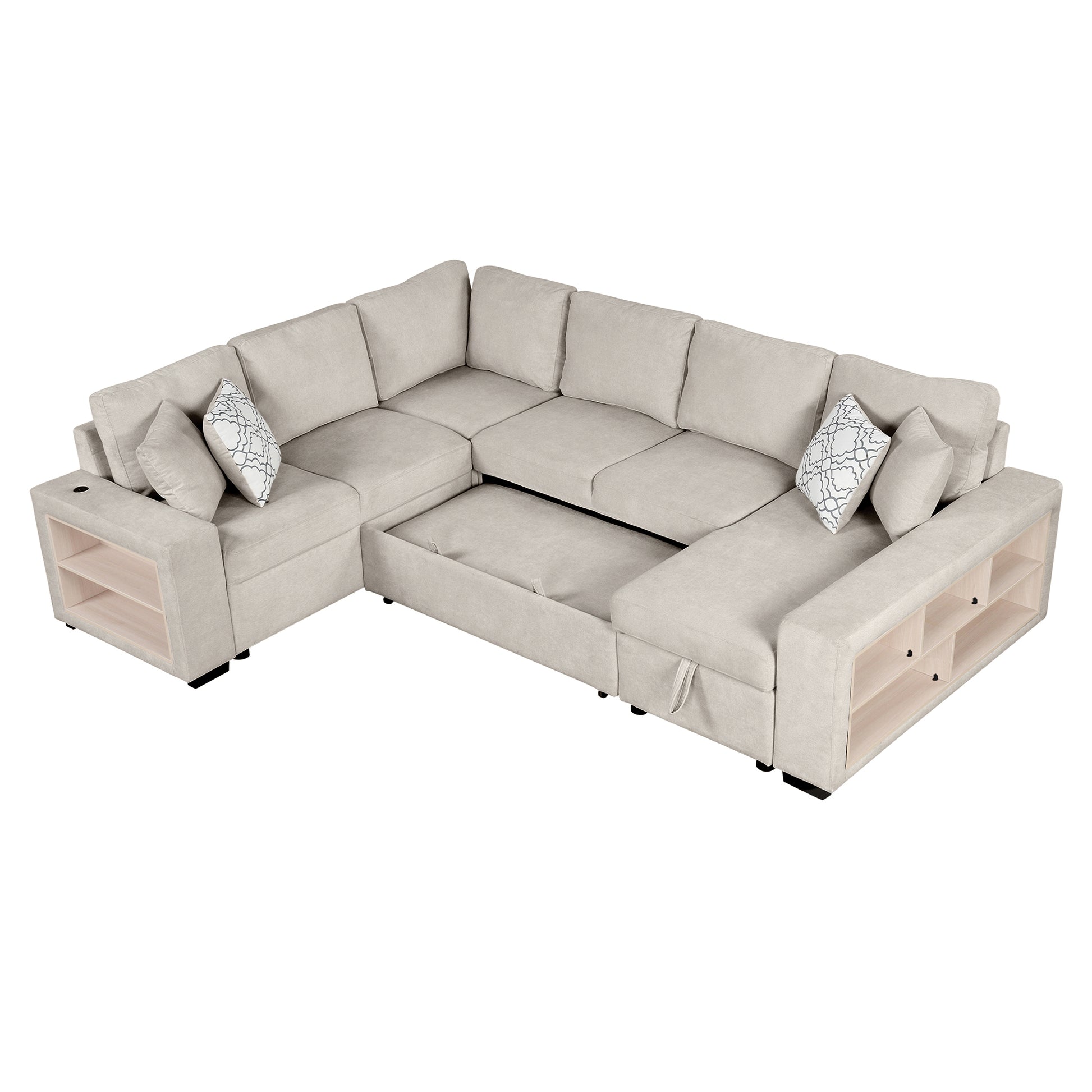 109" U-shaped Sectional Sofa Pull-out Sofa Bed with Two USB Ports, a Storage Chaise Lounge and Four Back Pillows for Living Room, Beige