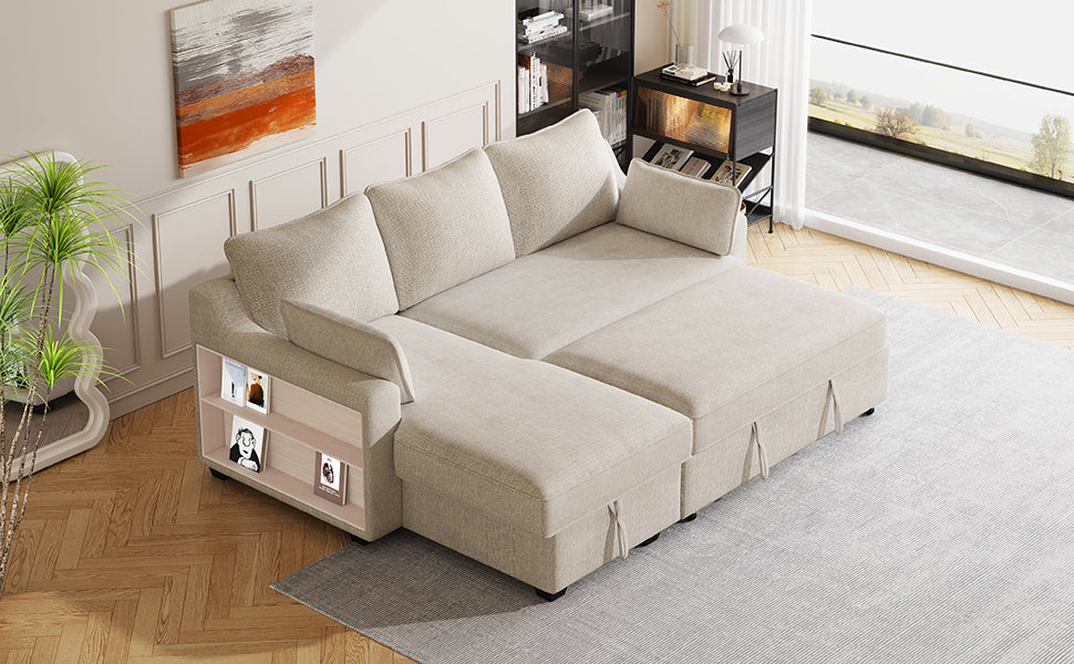 90" Pull Out Sleeper Sofa L-Shaped Couch Convertible Sofa Bed with Storage Chaise, Storage Racks and USB Ports (SG001340AA), Beige