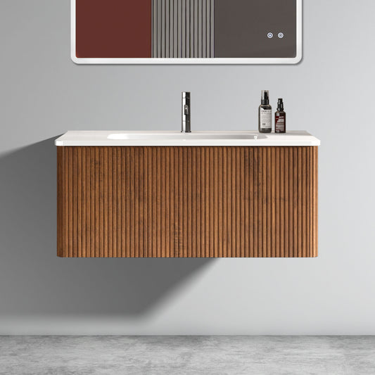 U048-Etna36W-305 Etna 36" Striped Walnut Bathroom Vanity with White Ceramic Sink, Wall Mounted Floating Bathroom Vanity for Modern Bathroom, One-Piece White Basin without Drain and Faucet