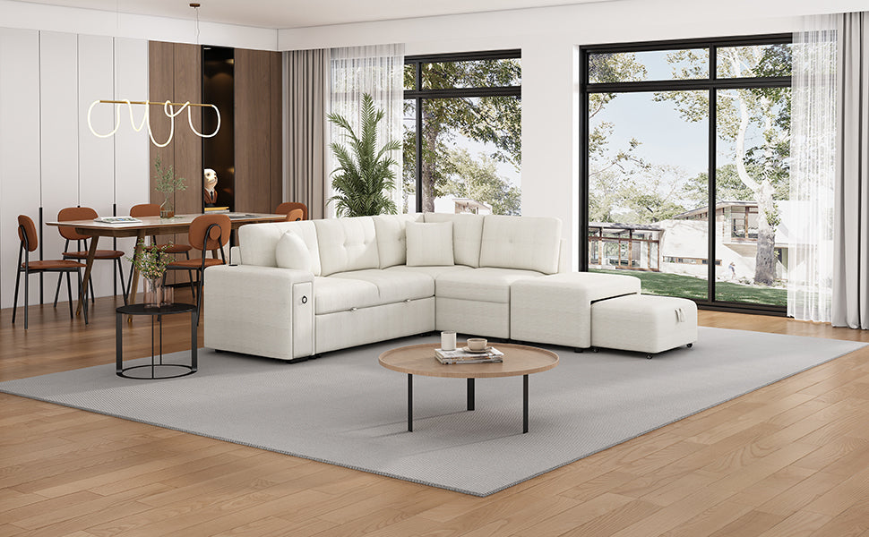 86.6" Sectional Sofa L-shaped Sofa Couch Pull-out Sofa Bed with a Movable Ottoman, Two USB Ports  and Two Cup Holders for Living Room, Beige