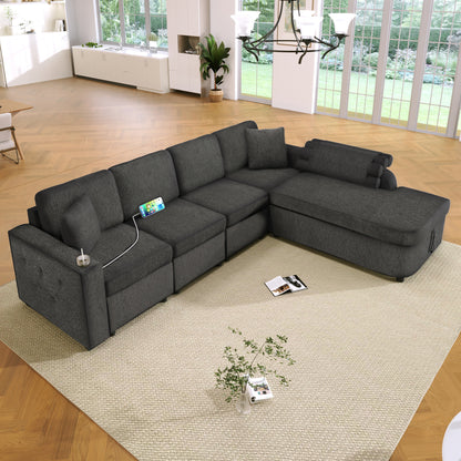 109.8"L-shaped Couch Sectional Sofa with Storage Chaise,Cup Holder and USB Ports for Living Room, Black