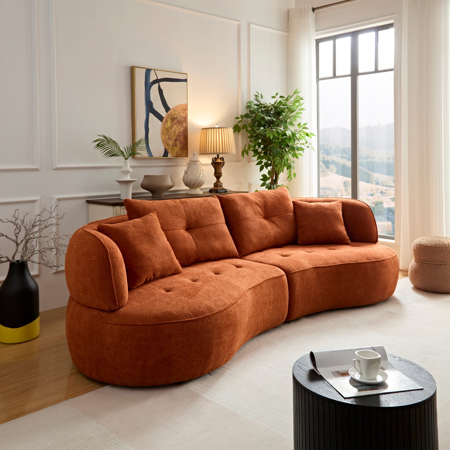 WKS7C Orange sectional sofa with removable pillows, durable fabric, solid wood frame, high density sponge filler