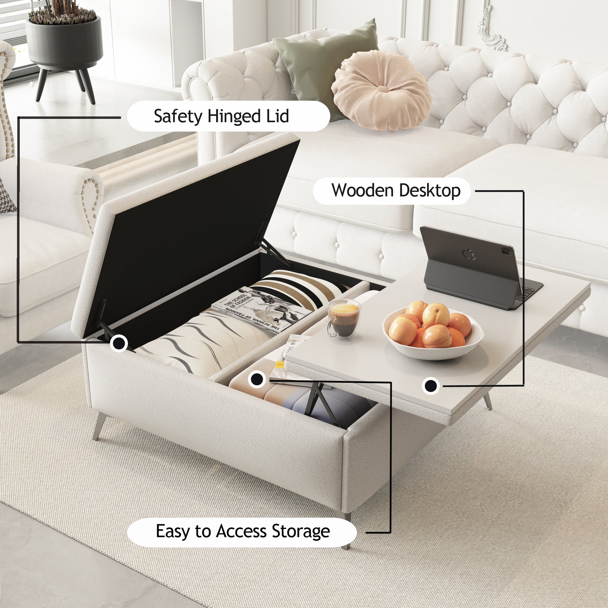 35 inch Wide Square storage benches Coffee Table with Lift Top Oversized Storage Ottoman in Upholstered for Living Room