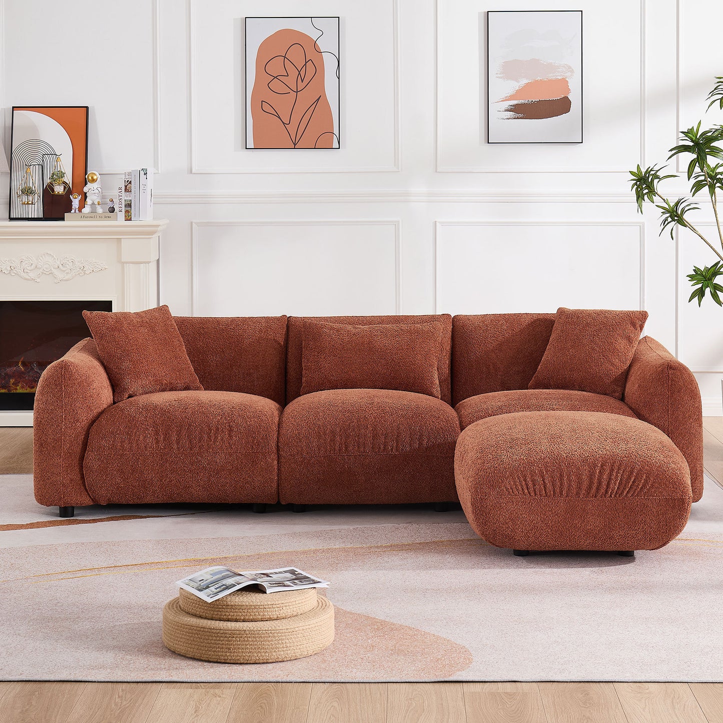 Modern Round  Footrest Stool Ottoman Foot Stool for Living Room, Bedroom, boucle Orange.