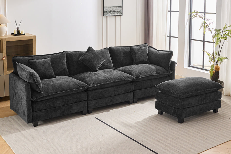 112.2" L-Shape Chenille Upholstered Sofa for Living Room Modern Luxury Sofa Couch with Ottoman and 5 Pillows for Living Room (SG001160AA), Black