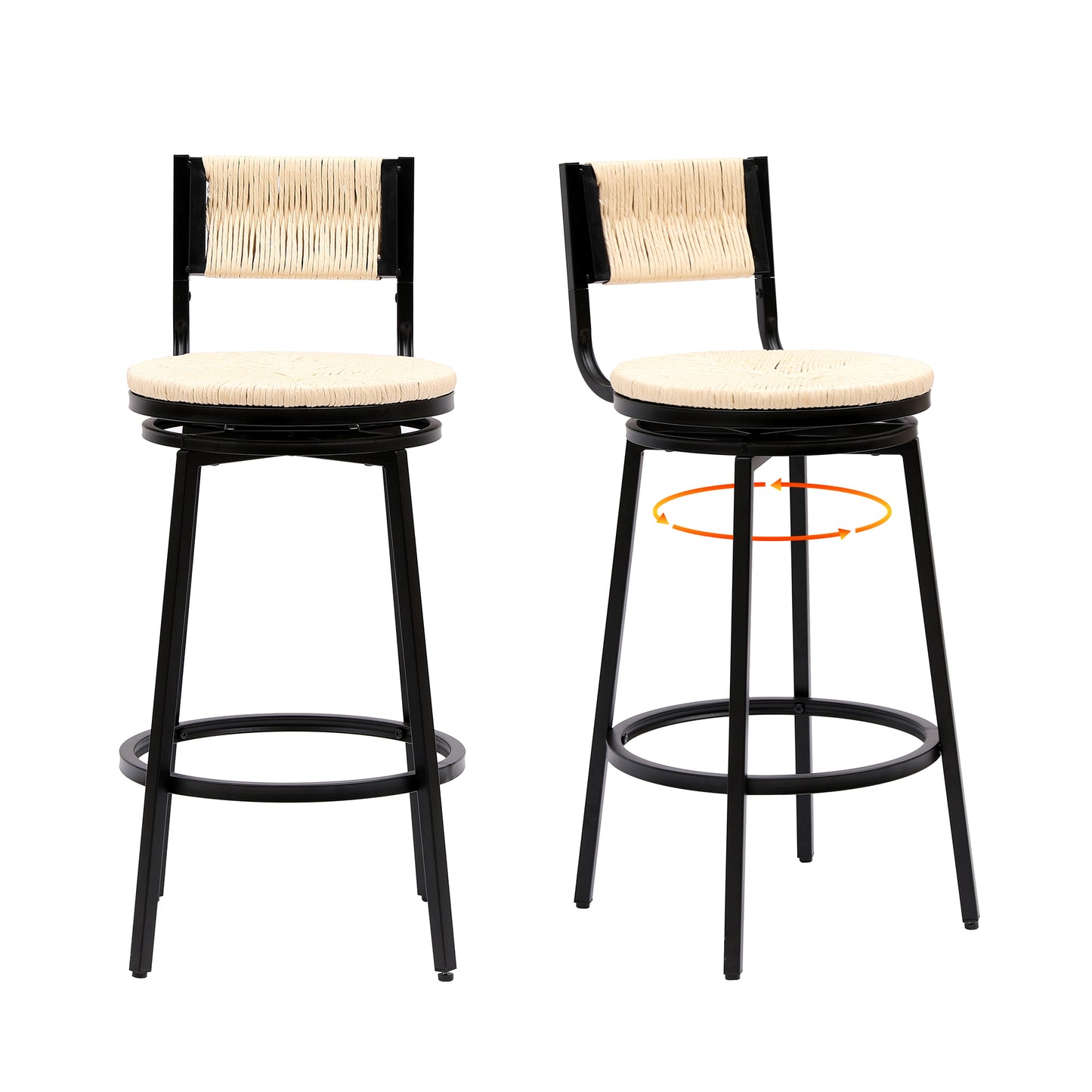 Creamy White Bar Stools Swivel Counter Chairs with Metal Frame Set of 2 Hand Woven Paper Rope Dining Barstools for Kitchen Counter (Creamy White)