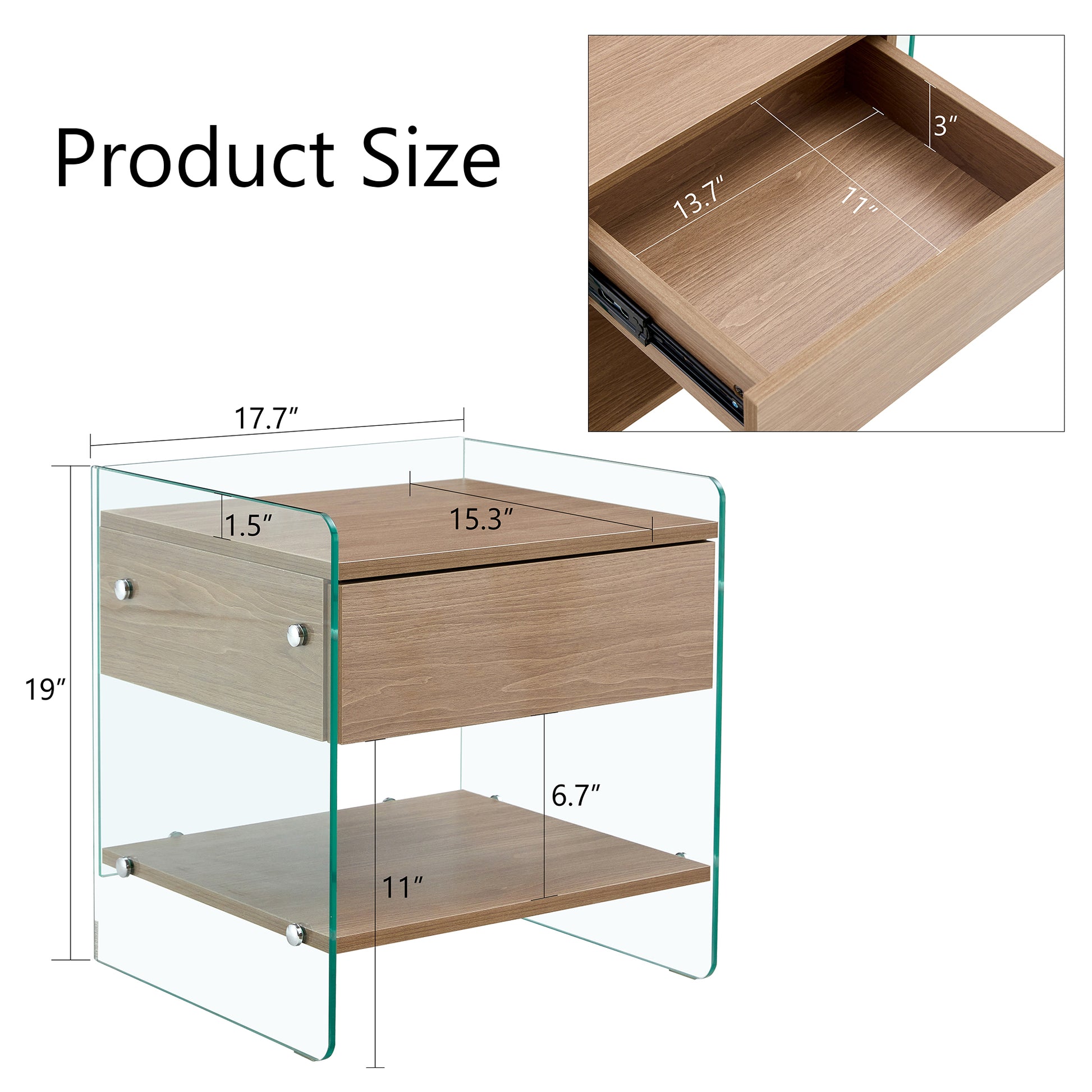 Bedside table with drawers. The board surface is MDF sticker, and both sides are transparent tempered glass. The design is simple and elegant, with excellent storage functions.