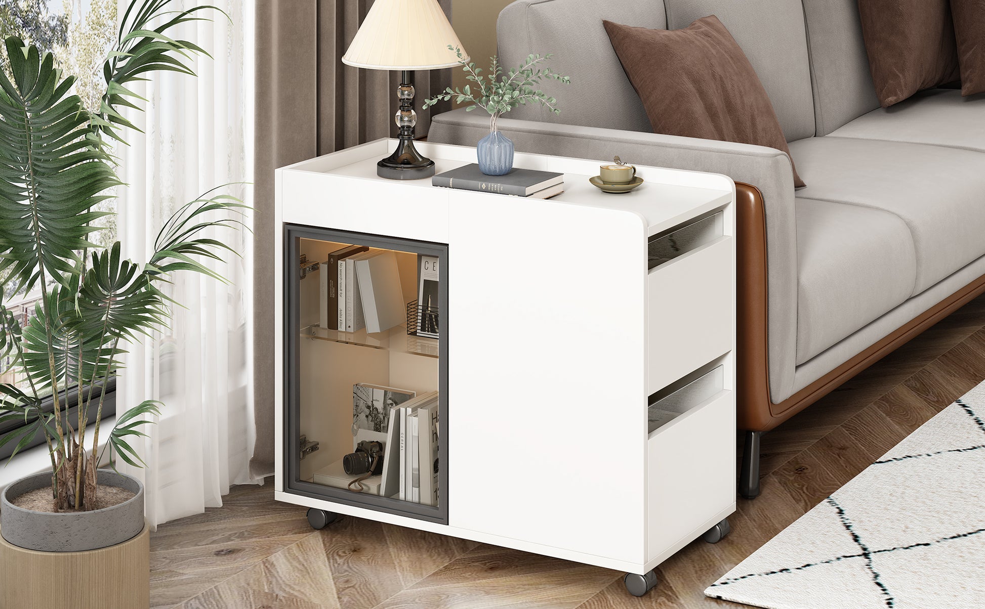 U-Can Modern End Table with LED light and Wheels, Side Table with Transparent Brown Glass Door, 2 Storage Shelves and Drawers for Living Room, White, Bedside Table