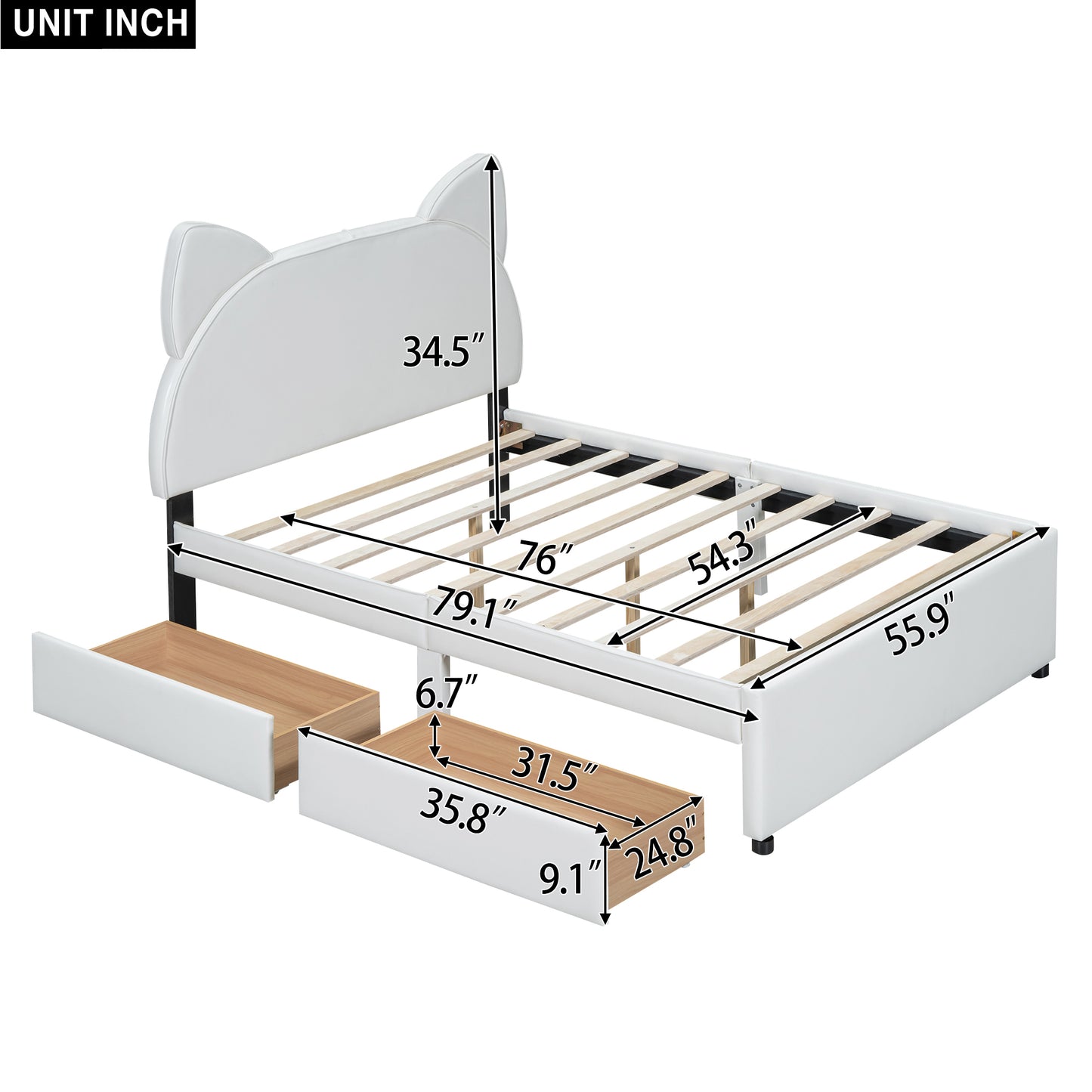 Full Size Upholstered Platform Bed with Cartoon Ears Shaped Headboard and 2 Drawers, White