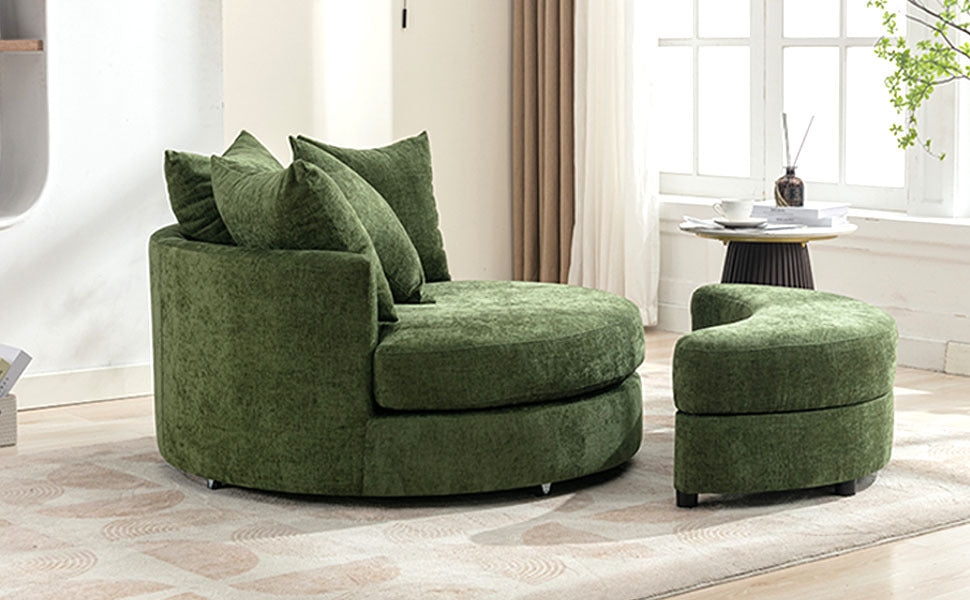 Orisfur. 360° Swivel Accent Barrel Chair with Storage Ottoman & 4 Pillows, Modern Chenille Leisure Chair Round Accent for Living Room, Green