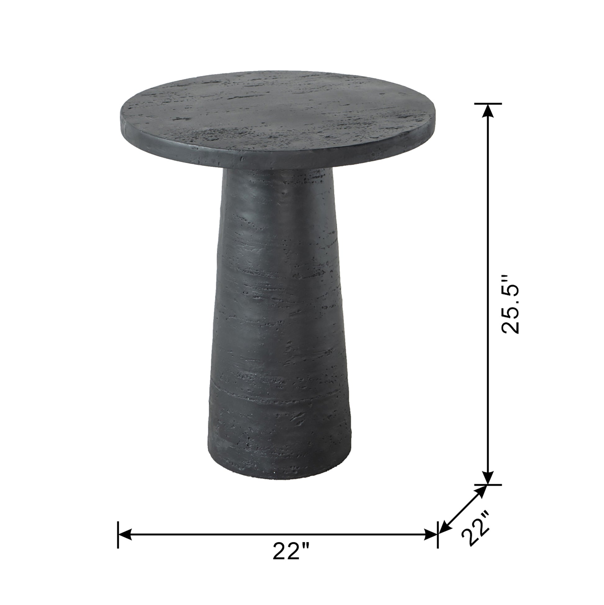 22x22x25.5" Black Cement Round Side Table with Pedestal Base