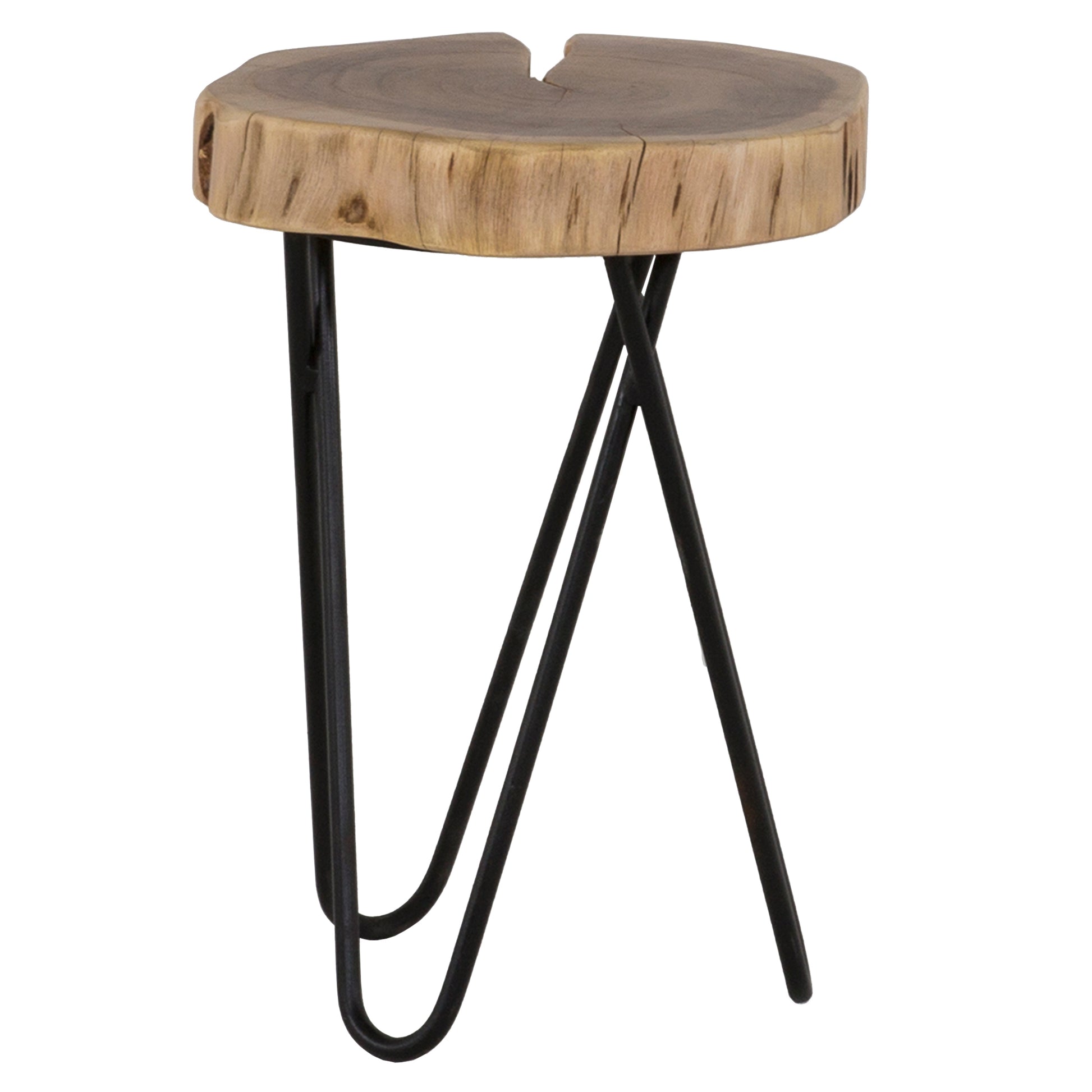 12" Acacia Wood End/Side Table, Living Room Accent Stool, Iron Hairpin Legs, Home Décor, Brown/Black