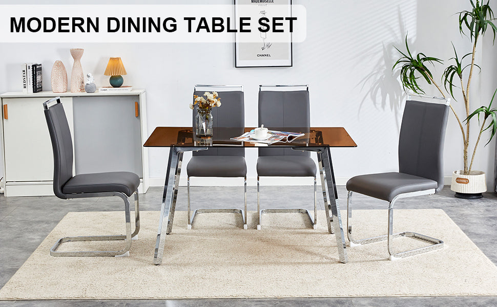 Modern Brown Glass Dining Set with 4 Chairs