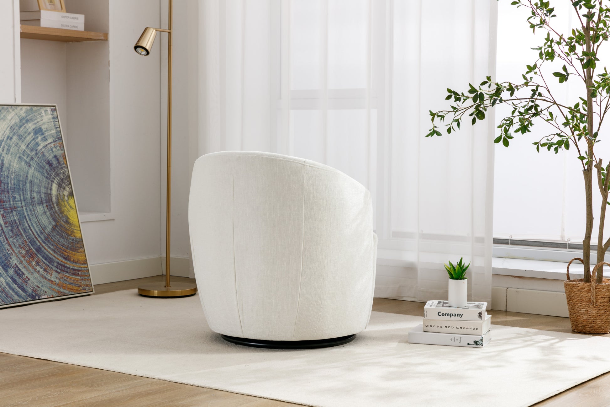 Chenille Fabric Swivel Accent Armchair Barrel Chair With Black Powder Coating Metal Ring,Ivory