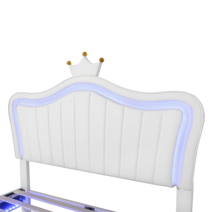 Full Size Upholstered Bed Frame with LED Lights,Modern Upholstered Princess Bed With Crown Headboard,White