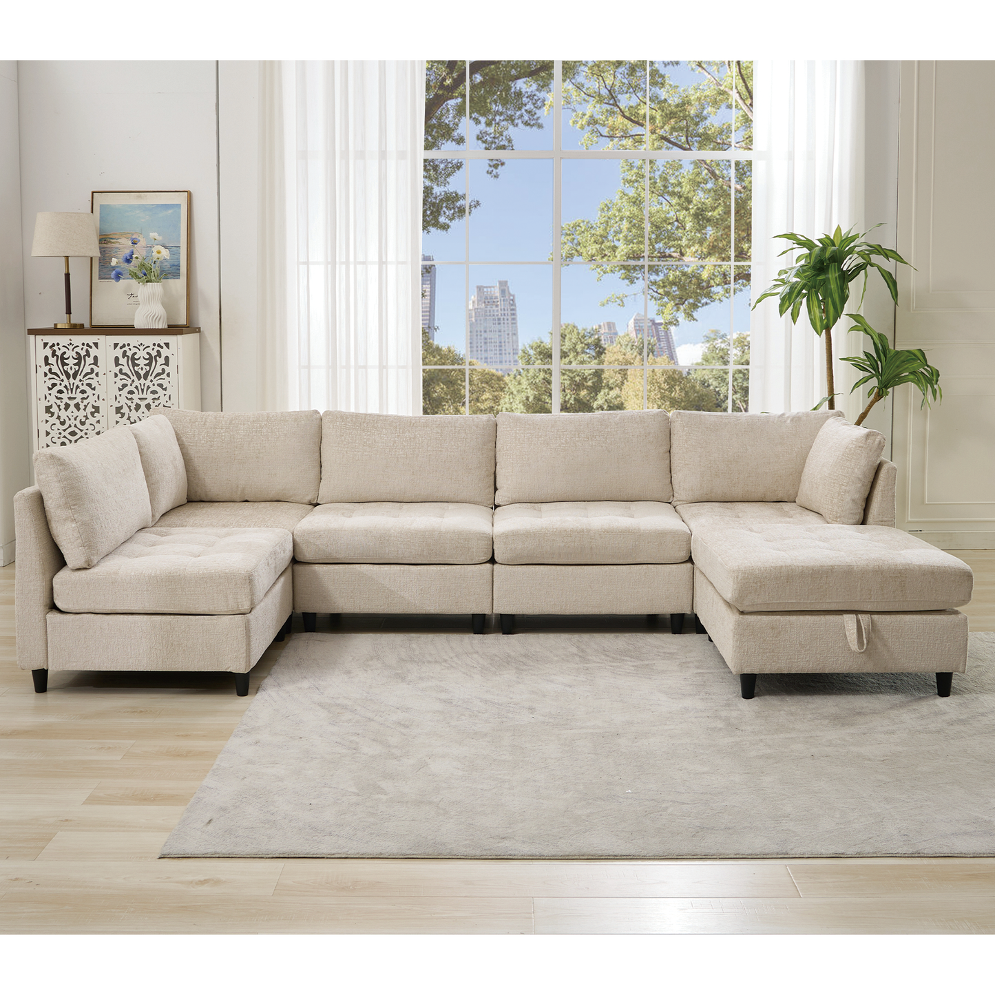 [NEW ARRIVED] [VIDEO PROVIDED]   Modular Sectional Couch with Storage Ottoman, U Shaped Sofa, Storage Ottoman,Minimalist ,Convertible Modular Sofa,Chenille ,Upholstered,6 Seat,Living Room,  Beige